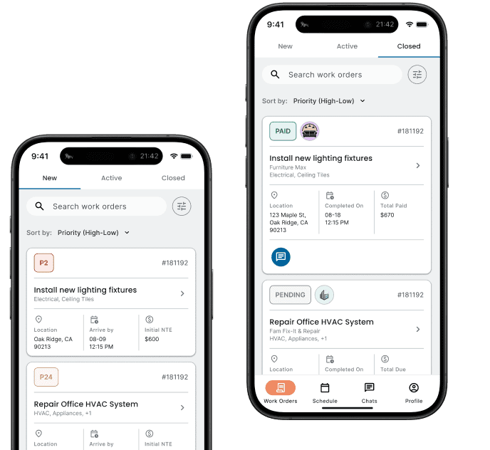 Two smartphone screens displaying a work order app.